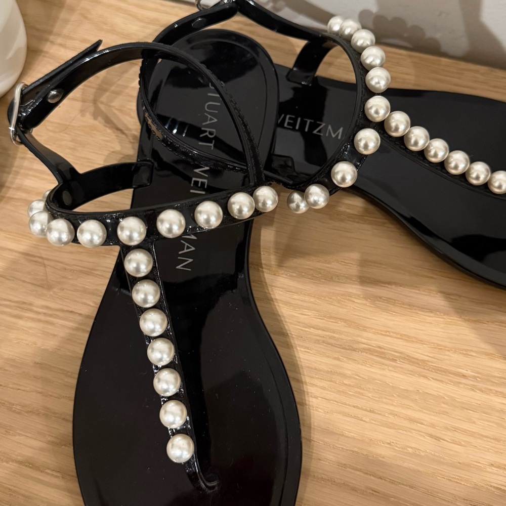 Stuart Weitzman Black Sandals with Pearl Accents - Picture 2 of 3